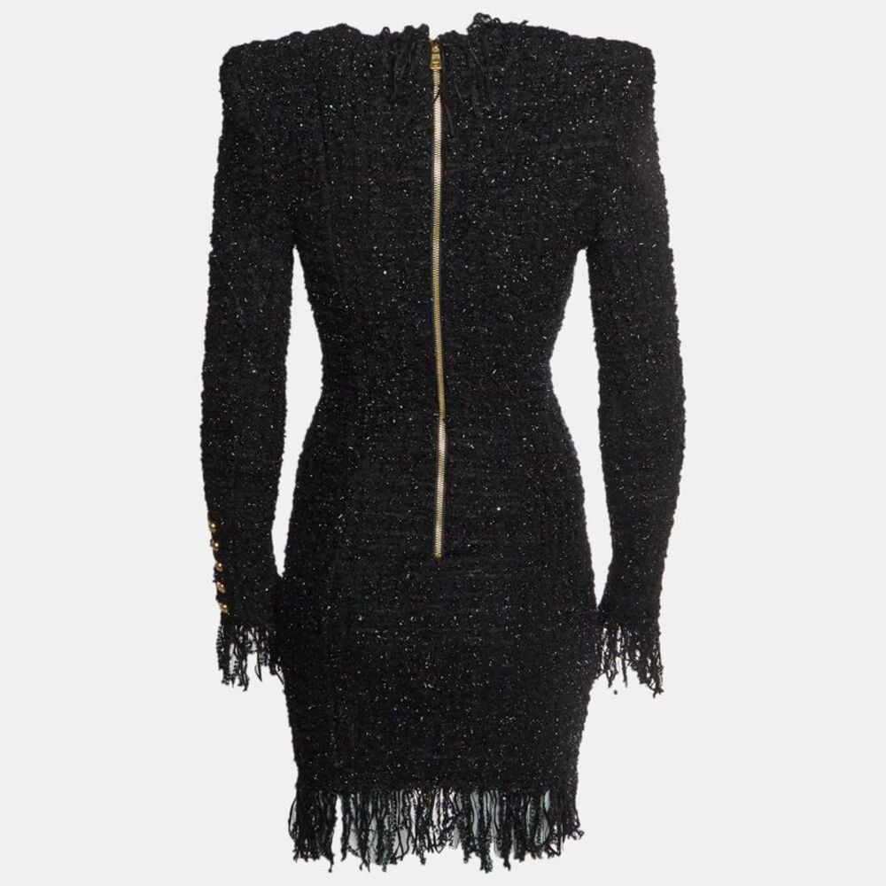 Balmain Black Metallic Bouclé Tweed Fringed Mini Dress S - Picture 3 of 6
